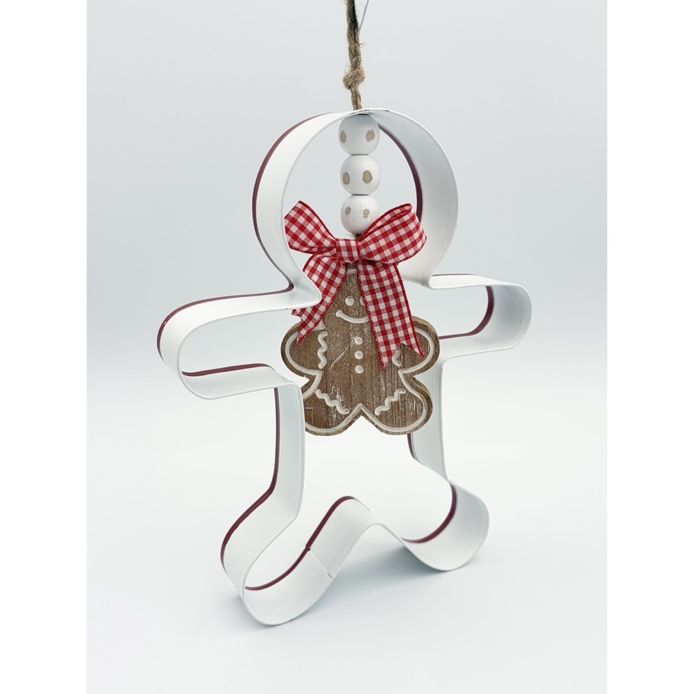Gingerbread Man Cookie Cutter Ornament Metal Wood Plaid New The Christmas Shoppe